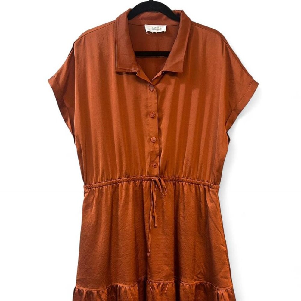 Lucky Brand XL Rust Cinched Waist Tiered Collared Dress with Pockets